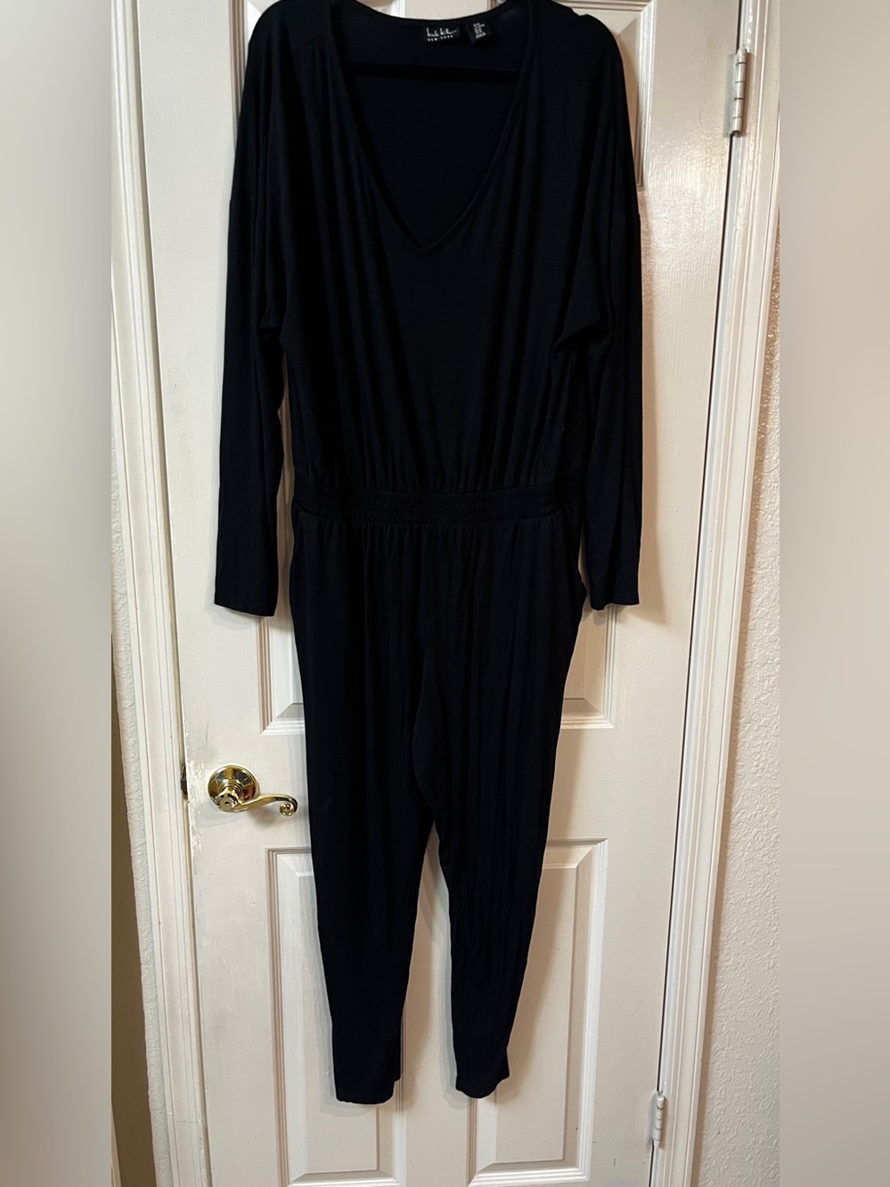 Nicole Miller Black V-Neck Long-Sleeve Jumpsuit